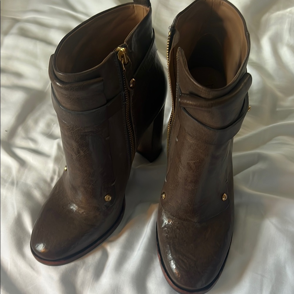Rich Brown Ankle Booties with Side Zipper and Stacked Heel